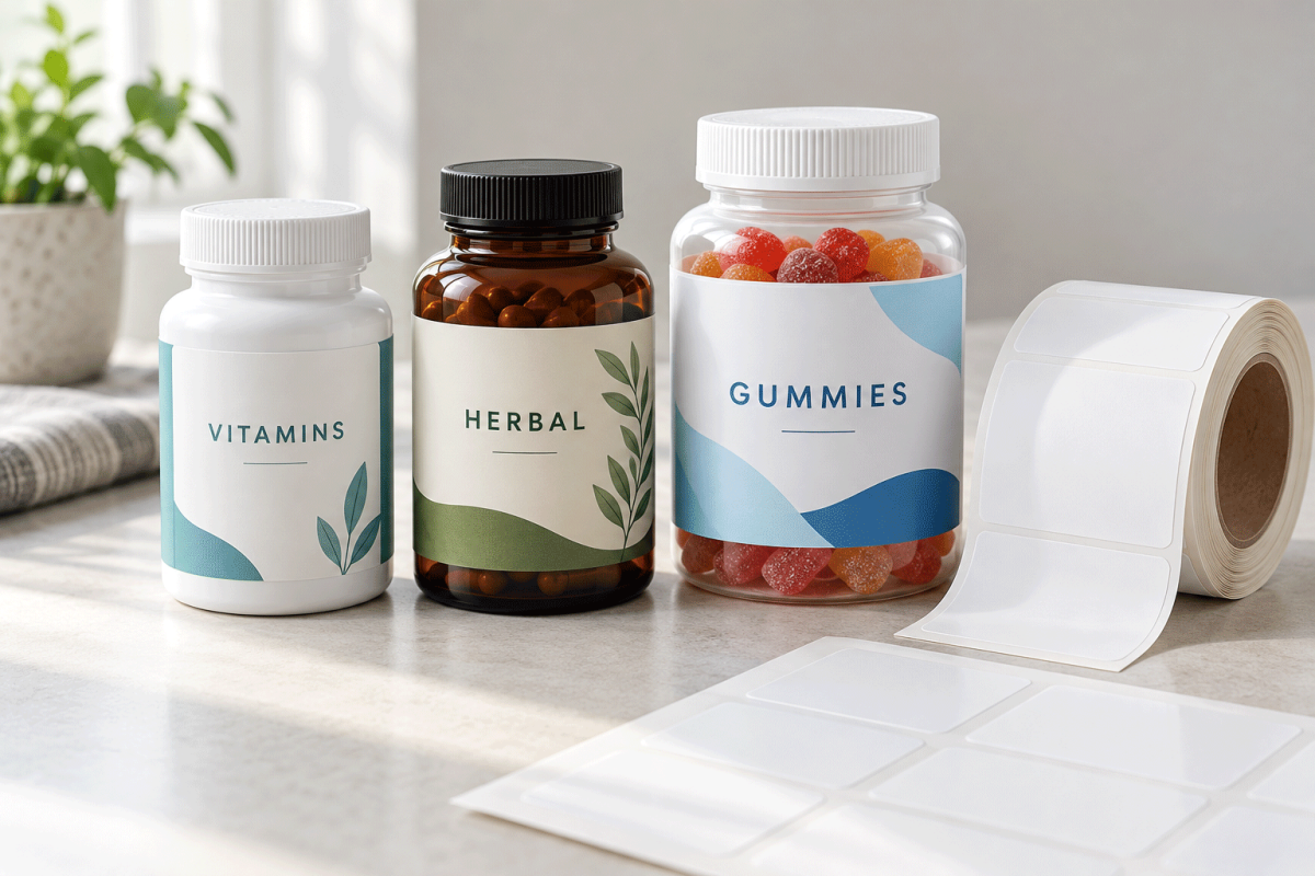 White and amber supplement bottles with matte and glossy labels beside a label roll and printed label sheet.