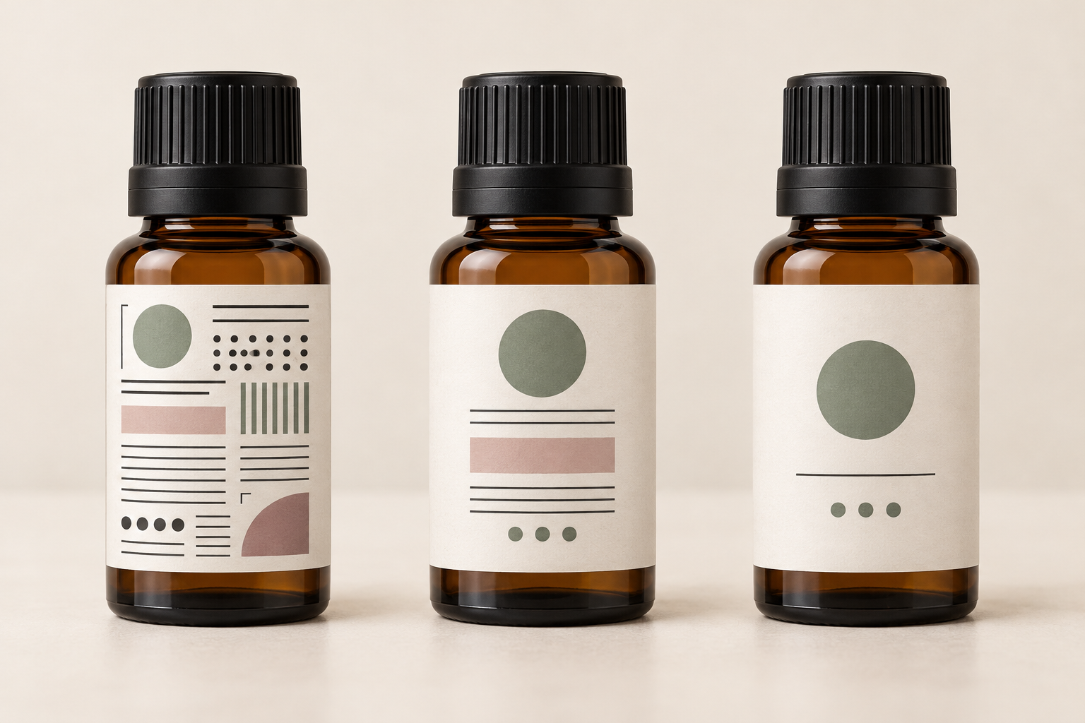 Three essential oil bottles showing crowded, improved, and readable label layouts