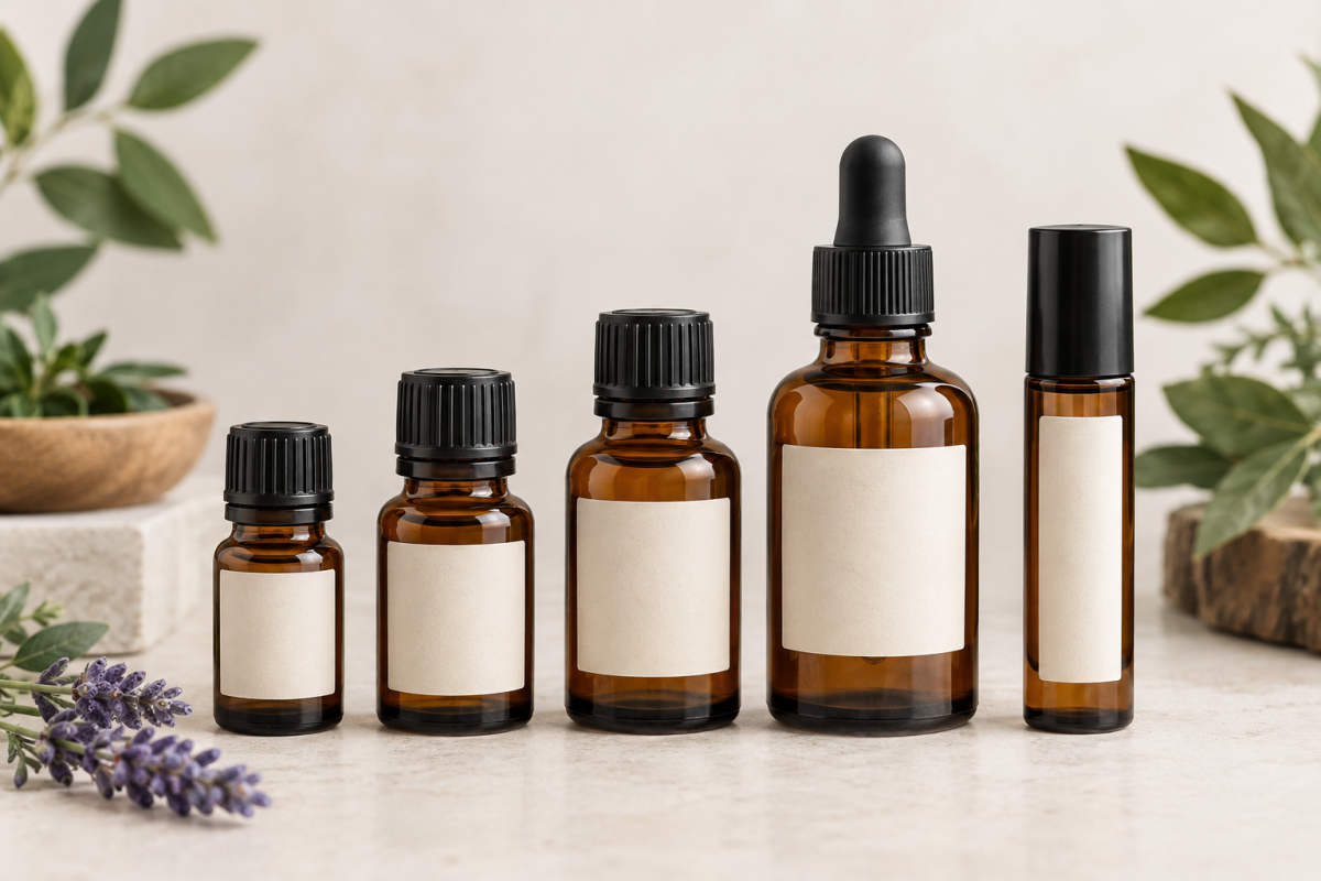 Essential oil labels on amber bottles in multiple sizes