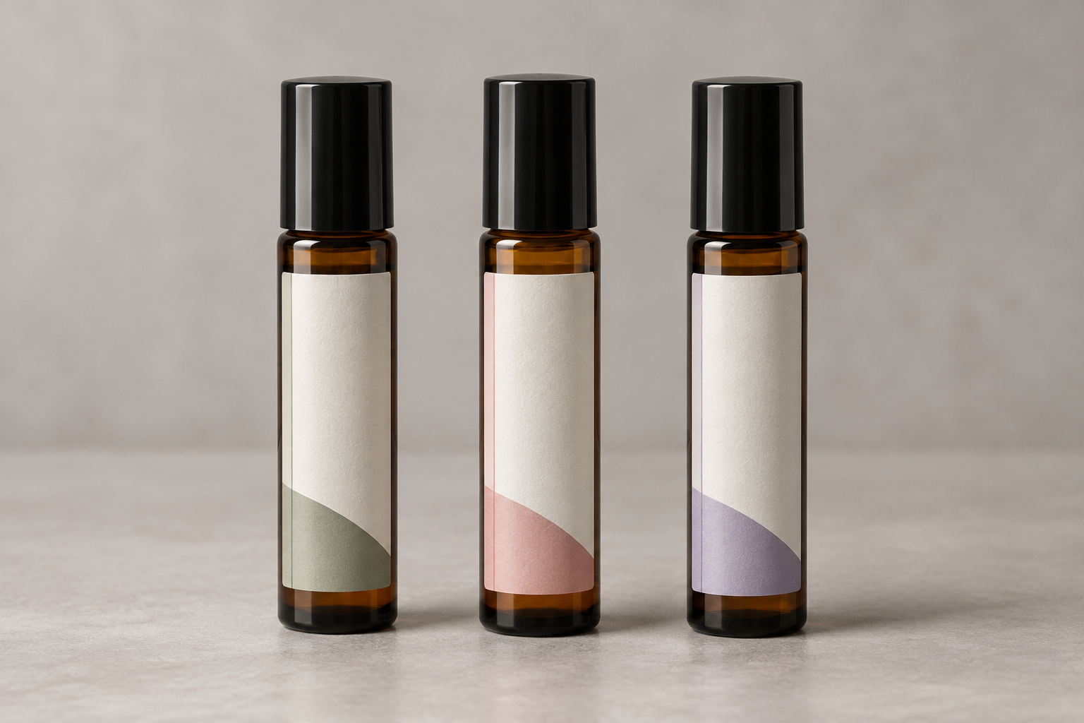 Essential oil roll-on bottles with tall narrow label designs