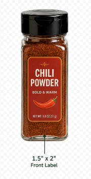 Chili powder spice jar with 1.5 x 2 inch front label