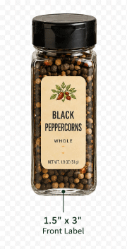 Black peppercorn spice jar with 1.5 x 3 inch front label
