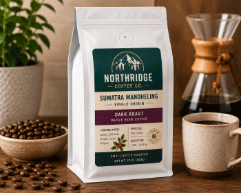 Twelve ounce retail coffee bag with a professional printed label