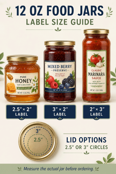 Twelve ounce food jar showing printed front and lid label dimensions