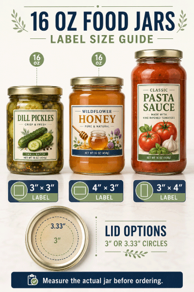 Sixteen ounce food jar with full color front back and lid label examples