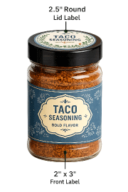 Taco seasoning jar with 2.5 inch round lid label and 2 x 3 inch front label