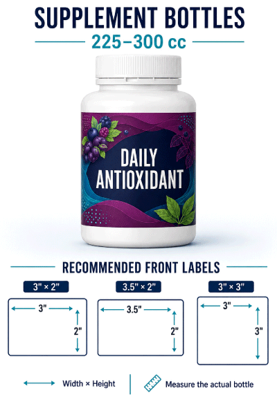 225 to 300 cc supplement bottle label size