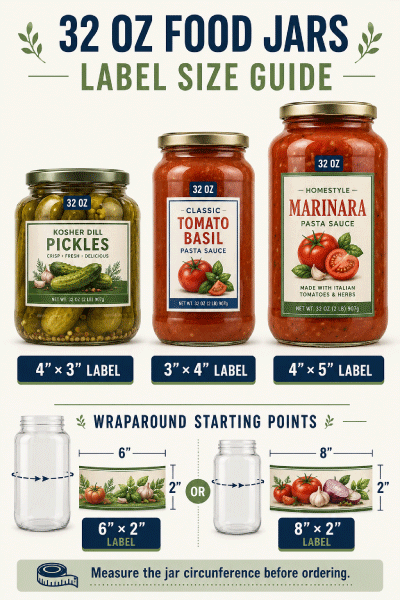 Twenty-four and thirty-two ounce food jars with printed label size examples