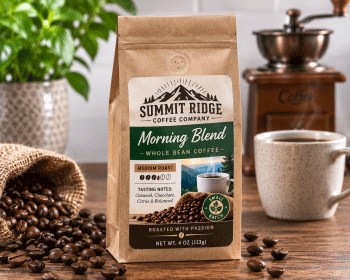 Four ounce coffee bag with a printed product label