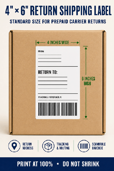 Standard 4 x 6 inch prepaid return shipping label on a package