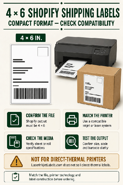 4 by 6 inch Shopify shipping-label format with inkjet and laser printer compatibility warning
