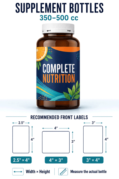 350 to 500 cc supplement bottle label size
