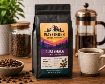 Eight ounce coffee bag with a colorful rectangular label