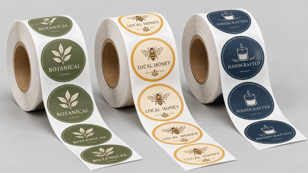 Custom printed circle labels on rolls with botanical, honey, and candle designs