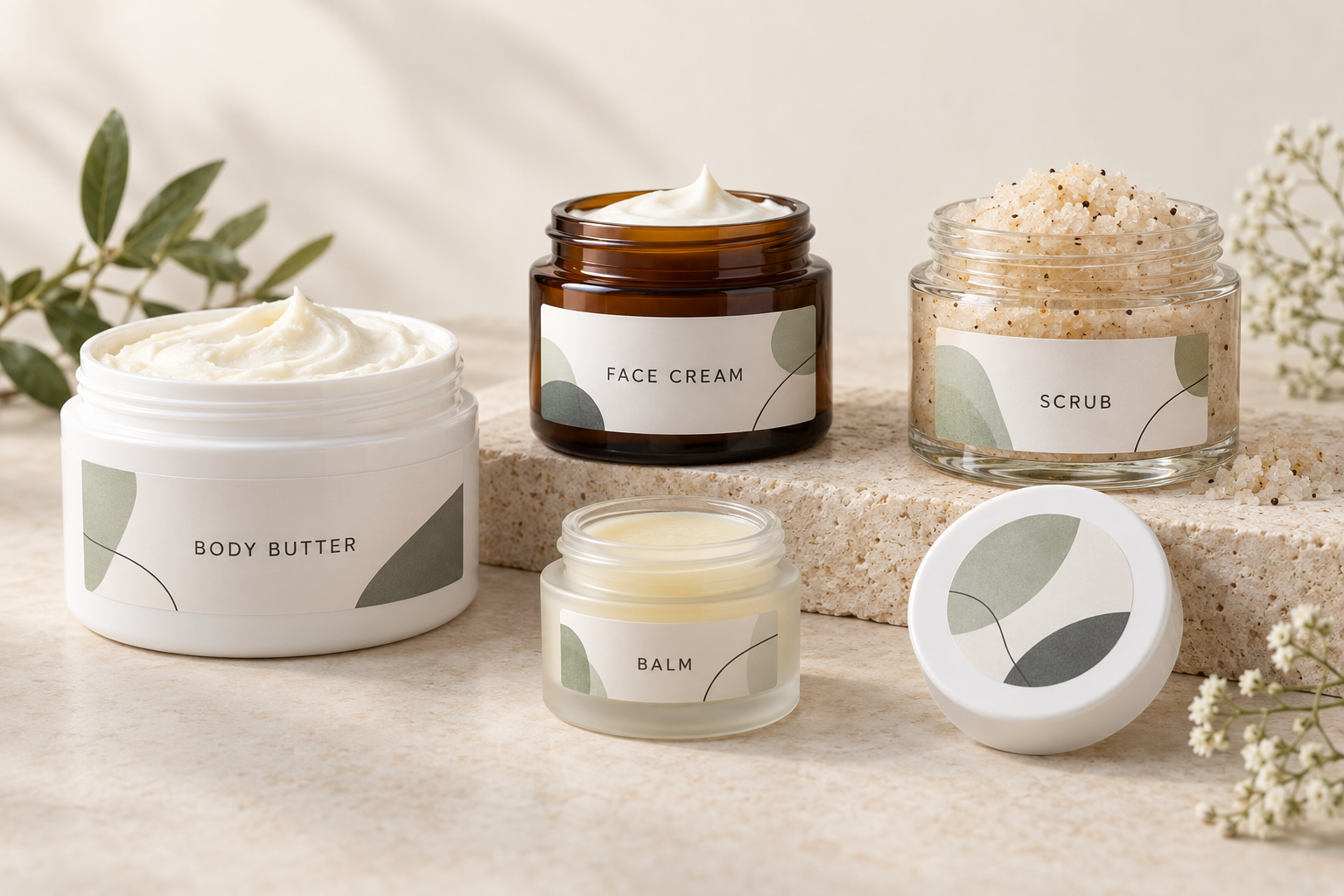 Cosmetic jar labels on body butter, face cream, scrub and balm containers with a circular lid label.