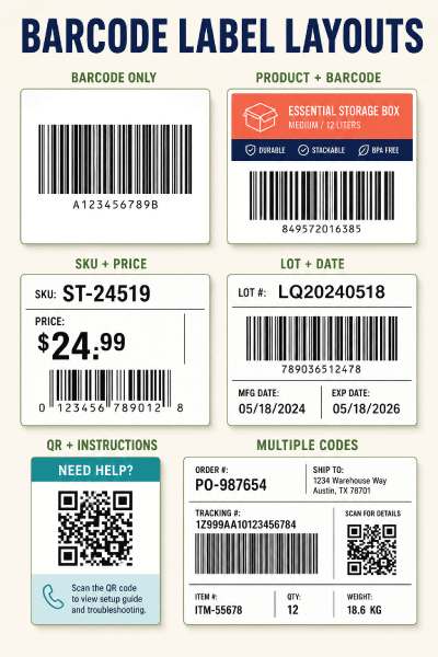 Barcode-only, barcode with text, QR call-to-action and multiple-code label layouts