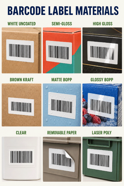 Paper, gloss, kraft, film, clear, removable and laser poly barcode label materials