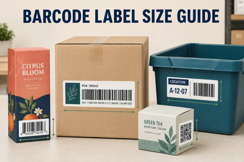 Barcode label size guide showing UPC, Code 128, QR and warehouse barcode labels