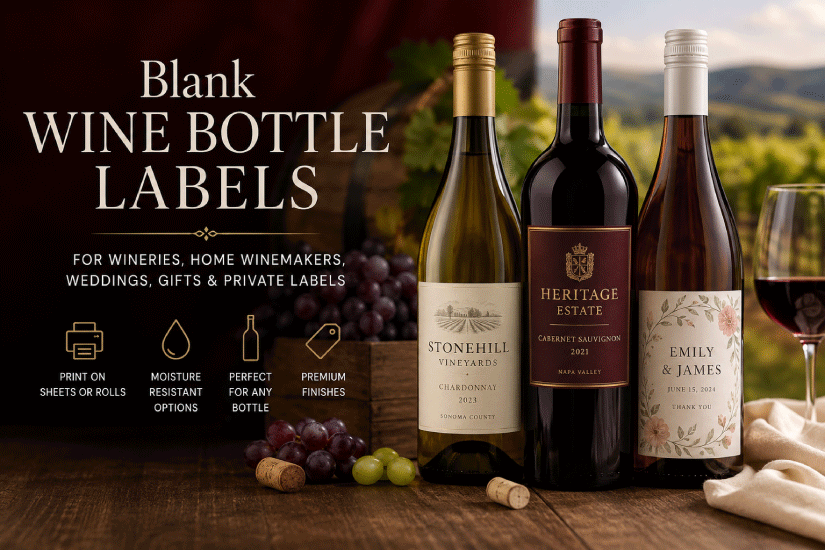 Blank wine bottle labels for wineries, home winemakers, weddings and personalized bottles