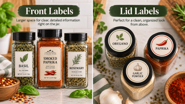 Front and lid placement options for spice jar labels