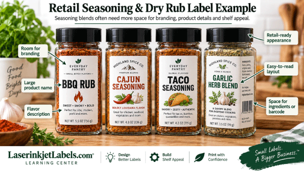 Spice jar labels for retail seasoning and herb containers