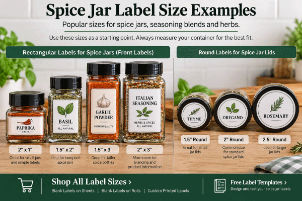 Common rectangular and round spice jar label sizes