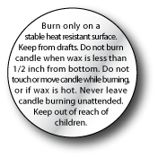 Caution label and burning instructions for candle containers