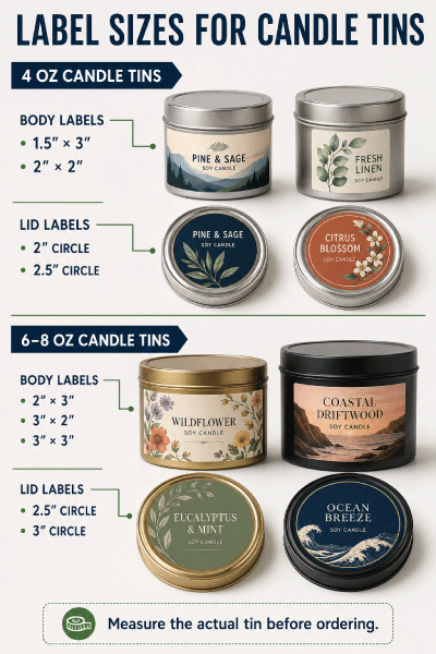 Candle tins with printed body and lid label size examples