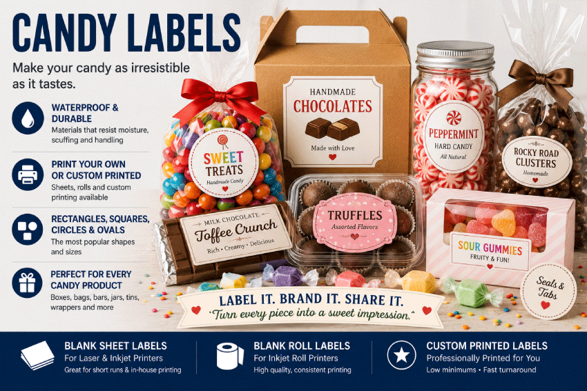 Candy products with rectangle, square, circle and oval labels on bags, boxes, jars and wrappers