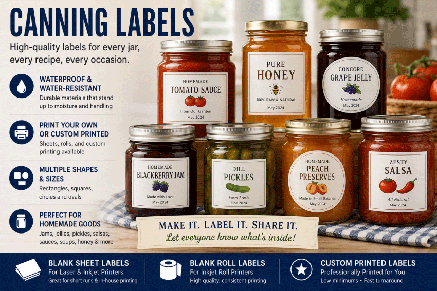 Canning jars labeled for jam, jelly, pickles, sauces and preserved foods
