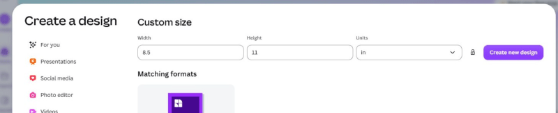 Create an 8.5 by 11 inch custom size design in Canva