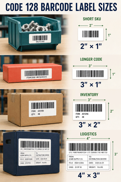 Code 128 and GS1-128 barcode label size examples for inventory and logistics
