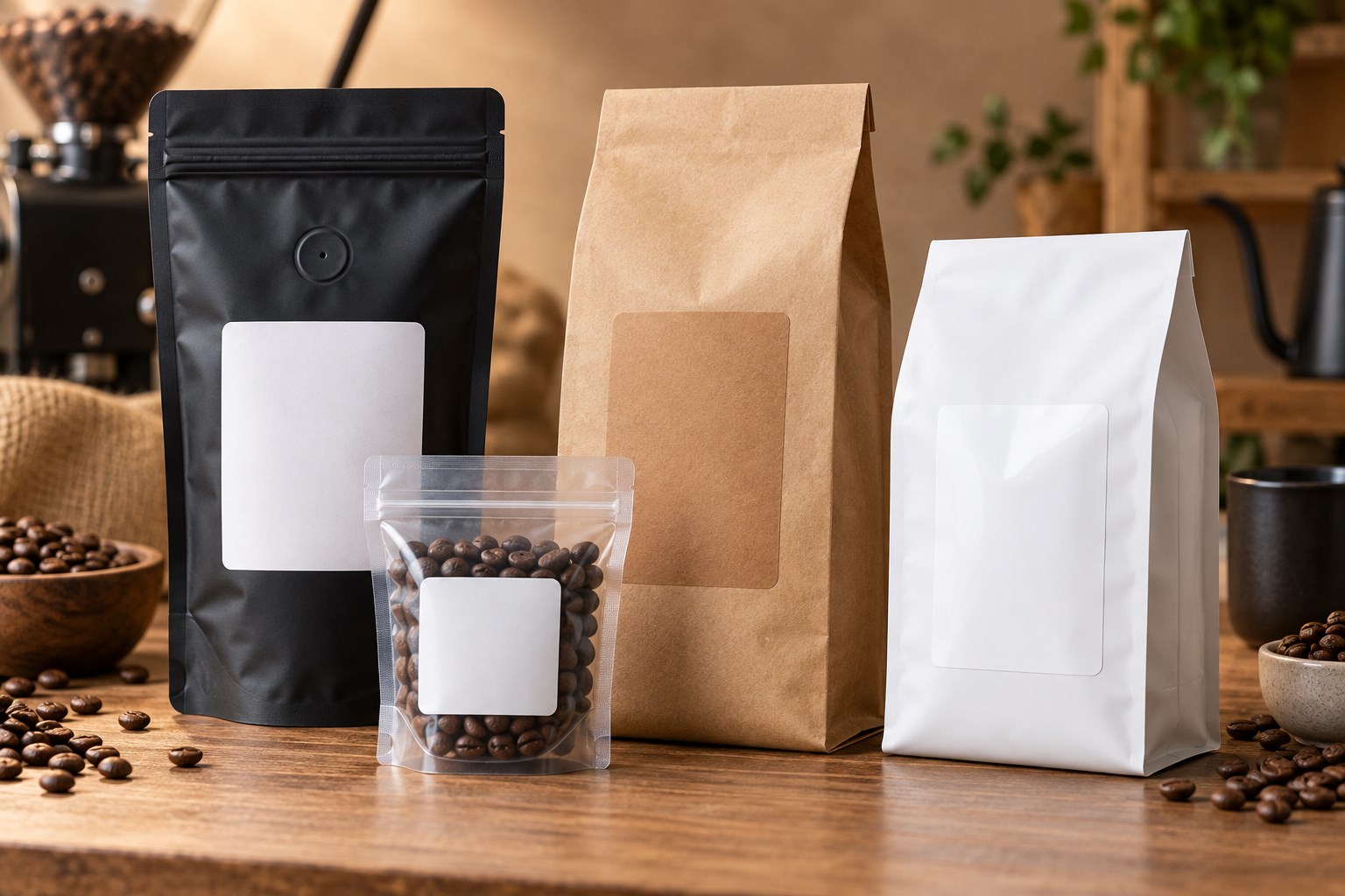 Four coffee bag packaging styles with blank matte, gloss, kraft and clear labels