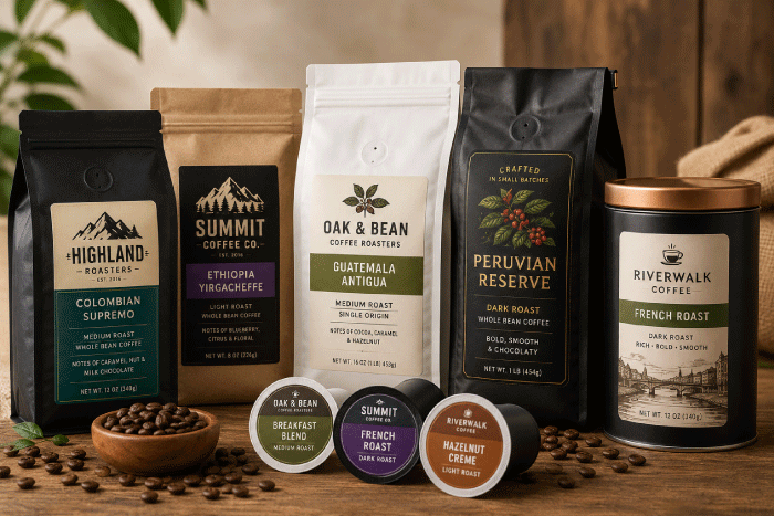 Coffee bags, pouches, tins and coffee pods with professionally printed labels