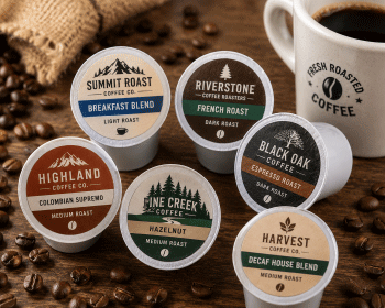 K-Cup compatible coffee pods with round printed lid labels