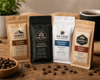 Small coffee sample bags with professionally printed labels