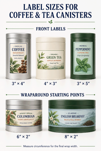 Coffee and tea canisters with full-color printed label size examples