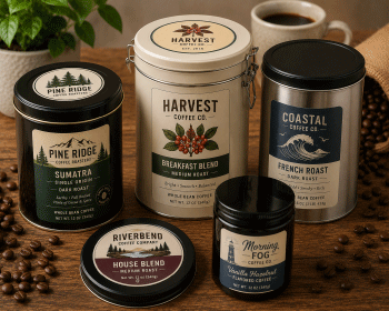 Coffee tins and canisters with printed front and lid labels