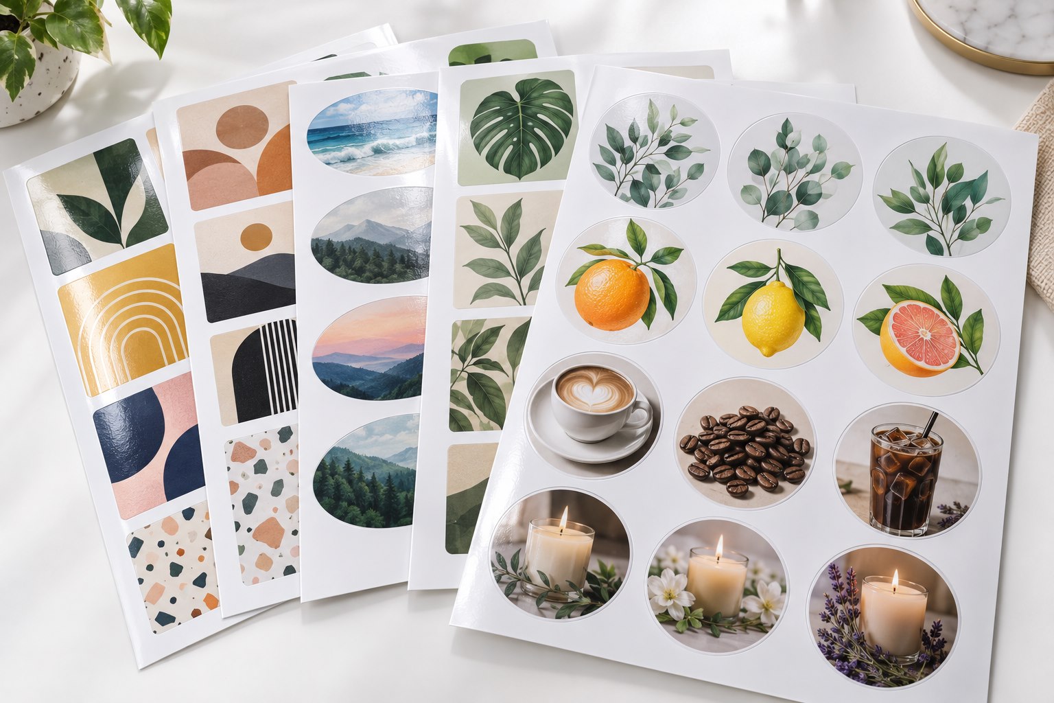 Colorful white high-gloss labels in round, oval, square, and rectangular shapes on printable sheets