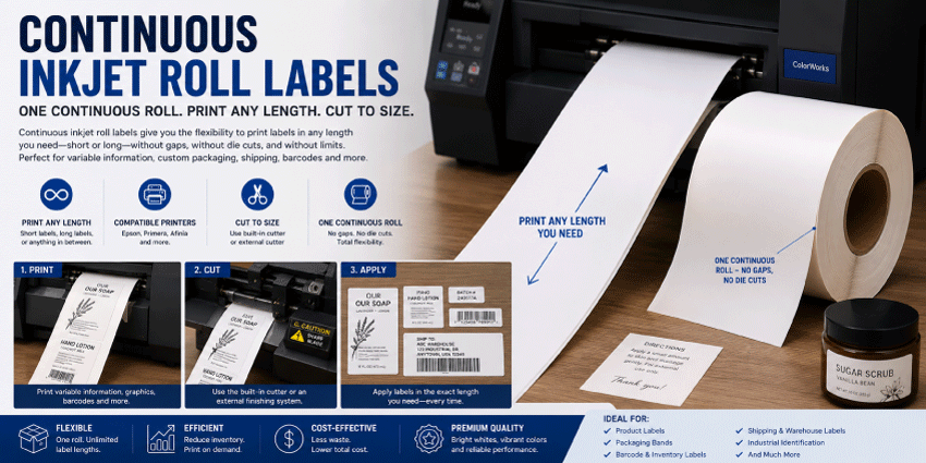 Continuous inkjet roll labels in multiple widths for compatible Epson, Primera, Afinia and other color label printers