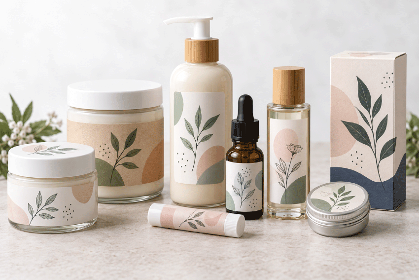 Cosmetic labels on skincare jars, lotion bottles, essential oil bottles, lip balm tubes and retail boxes