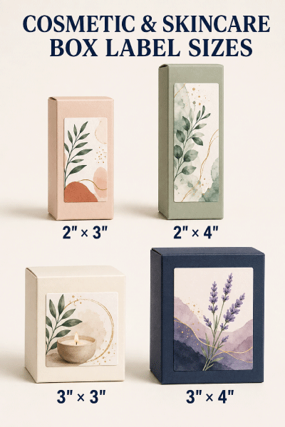 Cosmetic skincare and candle cartons with full-color printed label size examples