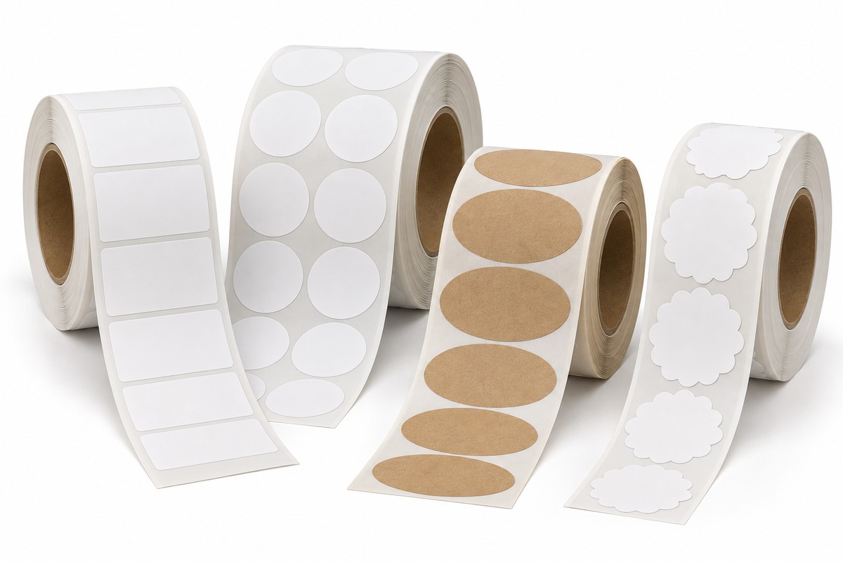 Illustration of blank roll labels in rectangular, round, oval and custom shapes, including labels arranged two across