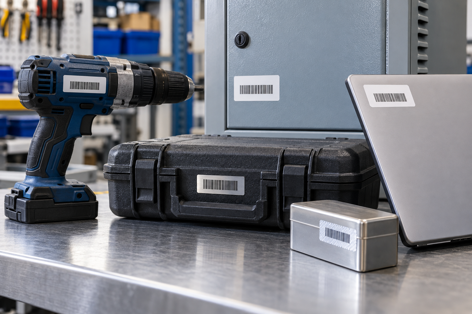 Durable equipment and asset labels applied to a power tool, equipment cabinet, tool case and laptop