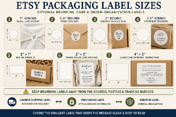 Optional Etsy packaging label sizes for thank-you seals, order IDs, care instructions and branding