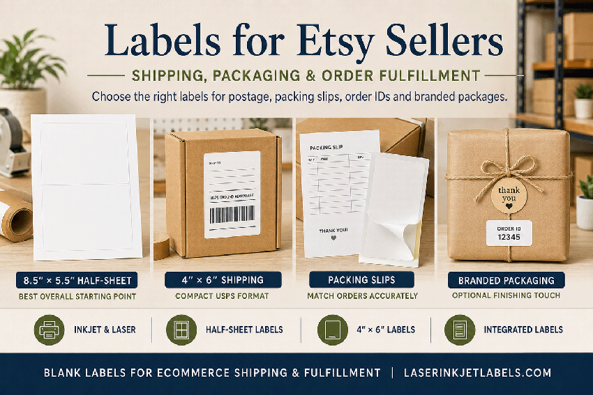 Labels for Etsy sellers guide covering shipping, packing slips, packaging and order fulfillment