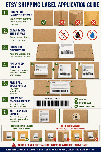 Correct Etsy shipping-label application on boxes, padded mailers and rigid envelopes