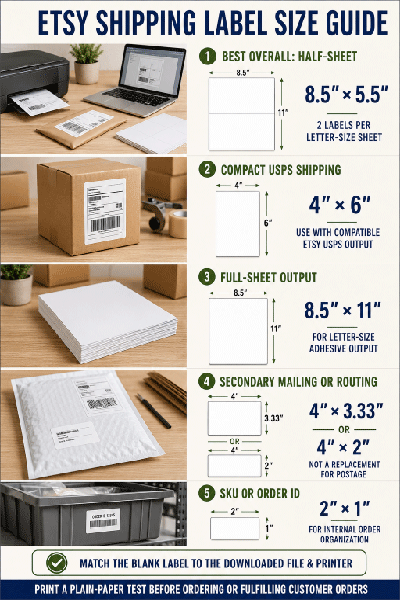 Recommended Etsy seller label sizes for shipping, packing slips, order IDs and branded packaging