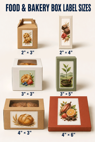 Food bakery and confectionery boxes with full-color printed label size examples