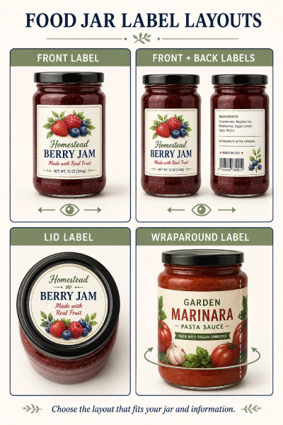 Front back lid and wraparound food jar label layouts